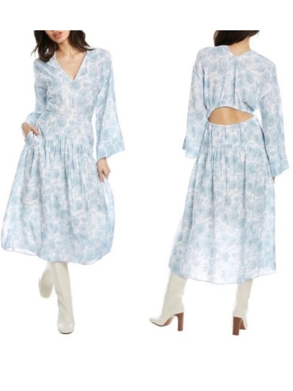 🌻Vince Dahlia Print Double V Neck Long Bell Sleeve Dress Floral Midi Size Small